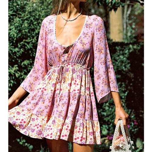 GypsyLady Floral Vintage Mini Dress Pink Holiday Boho Women Dress Flare Sleeve Summer Holiday Ladies Female Sexy Dresses 2021