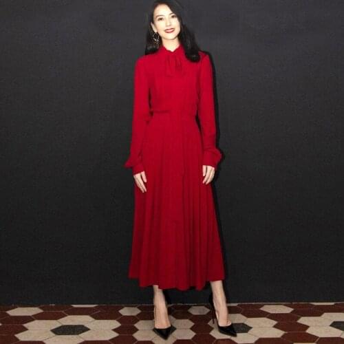 Long Dress Spring Autumn New WomenS Vintage Fashion Bowknot Streamer Long Sleeve Elegant Party Red Dresses