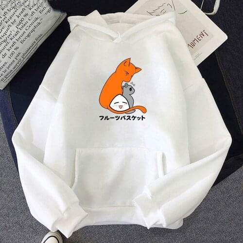 Kawaii Hoodie Loose Women Fruits Basket Cat Anime Vintage Sweatshirt Cartoon Printing Aesthetic Pocket Clothes Korean Top Casual