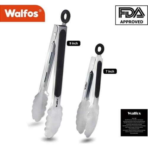 WALFOS Kitchen Tongs 430 Premium Stainless Steel Metal Kitchen Tongs Non-Slip Heat Resistant Handle Great for Cooking Salad