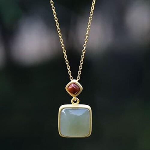 Natural Khotan jadeSNew sterling silver inlaid natural Hetian green jade pendant square jade Chinese retro ladies brand jewelry