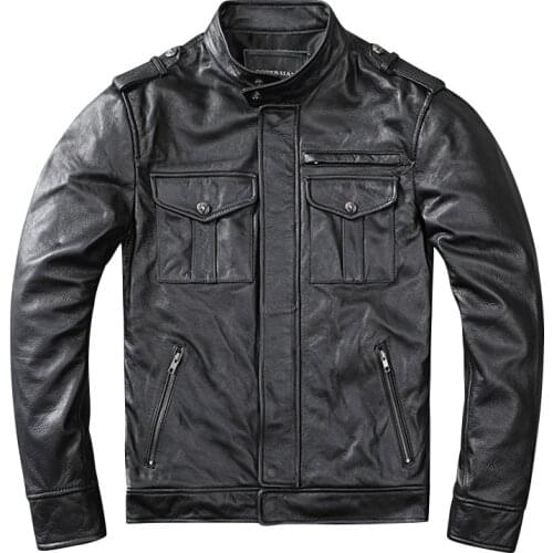 Authentic Leather Jacket Mens Black First Layer Cowhide Classic Motorcycle Leather Jacket Genuine Leather Slim-fit Coat