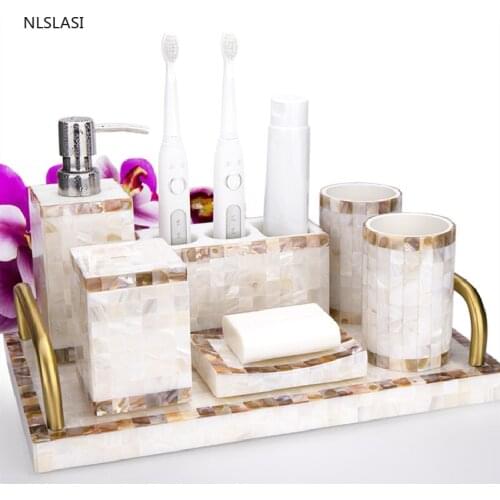Five Piece Set Nordic Shell Series Resin Bathroom Accessories Set Soap Dispenser Toothbrush Holder Gargle Cup Soap Dish Tray