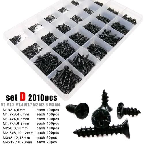 700/1000/2010pc M1 M1.2 M1.4 M1.7 M2 M3 M4 Black Phillips Cross Flat Countersunk Head Self-tapping Wood Screw Set Assortment Kit