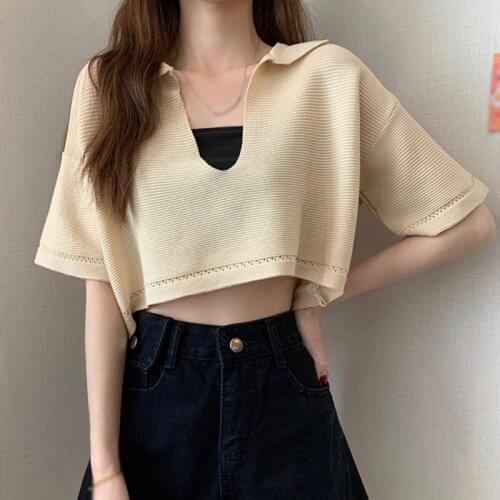 Summer New Womens V Neck Loose Navel Exposed Short Sleeves Knitted T Shirt Tops