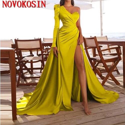 2019 Formal Dresses Evening Wear Mermaid High Neck Long Sleeves Gold Sequin Lace Prom Dress Long African Party Gowns Vestidos