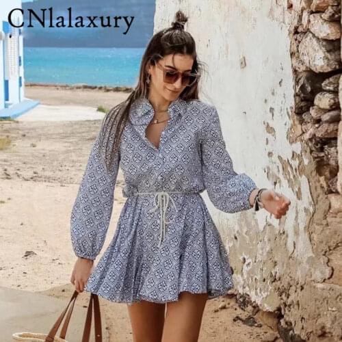 2021 ZA New Printed Pleated Shirt Dress Lace Up Casual Beach Lapel Lantern Sleeve Elegant Mini Party Dresses Vestido De Mujer