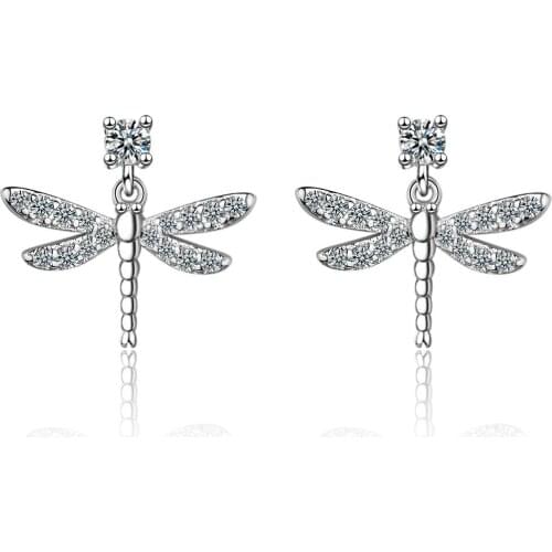 Silver Plated Simple Cute Inlaid Zircon Dragonfly Earrings Fashion Animal Jewelry Personality Womens Earrings Gift