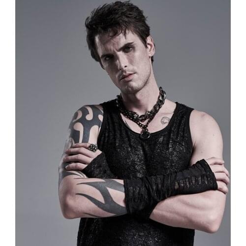 PUNKRAVE Mens Gothic Hollow Mesh Gloves Cool Fashion Broken Hole Daily Fingerless Long Gloves