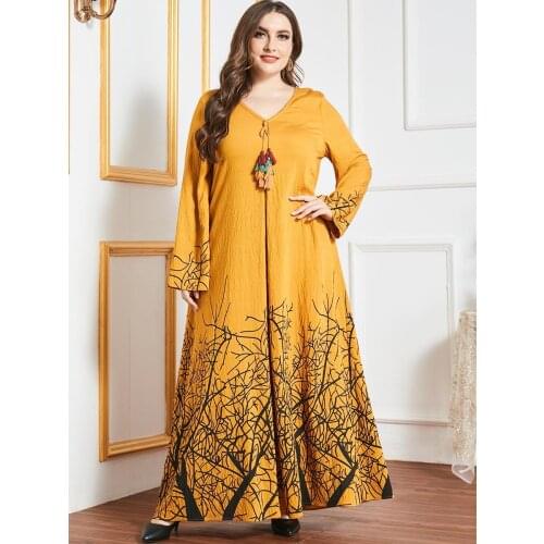 Plus Size Maxi Dress for Women yellow Print Summer 2021 Loose Casual Ethnic Dress Long Sleeve Arabic Muslim Islamic Clothes