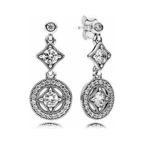 925 Sterling Silver Pan Earring Vintage Allure With Crystal Hanging Earrings For Women Wedding Gift Fashion Jewelry
