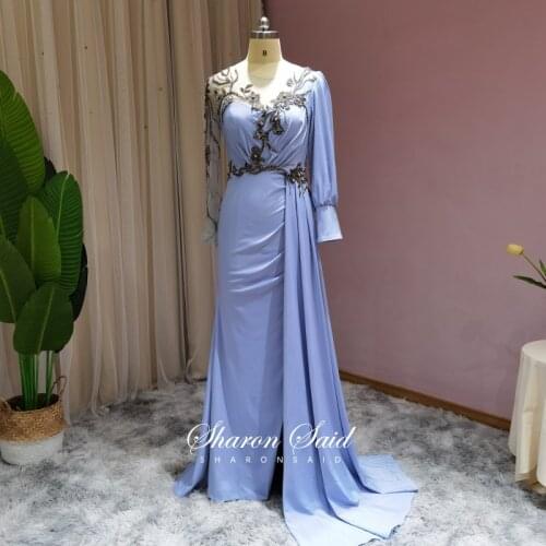Sharon Said Light Blue Mermaid Arabic Evening Dress Long Sleeve Luxury Dubai Slit Prom Formal Dresses for Women Wedding Party
