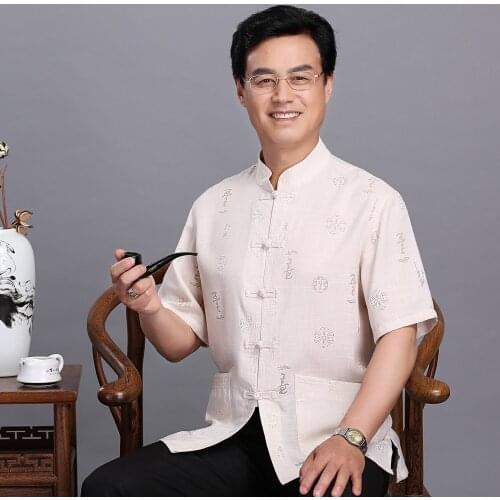 Middle-aged And Elderly Mens Short-sleeved Kung Fu Casual Cotton And Linen Chinese Style Ethnic Clothing Martial Arts Shirt