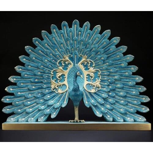 2019 New Chinese Modern Metal Copper Peacock Sculpture Abstract Animal Statue Geometric Feng Shui Bird Figurine Home Decoration