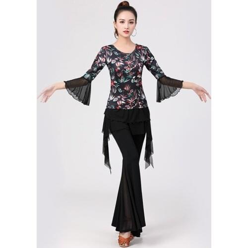 Latin Dance Training Clothes Slim Trumpet Sleeves Summer Female Printing suits Round Neck Ballroom Performance Practice Clothing