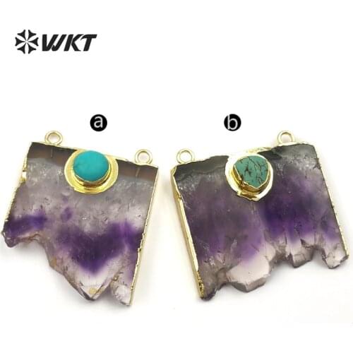 WT-P281 New! natural slice stone pendants with gold metal electroplated on edged, raw purple stone charm double bail pendants