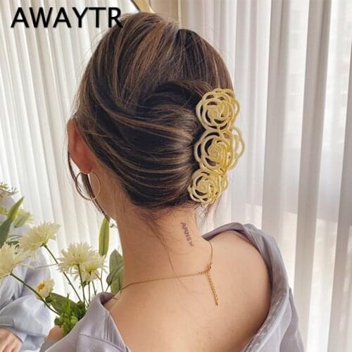 AWAYTR Korea Hollow Rose Flower Hair Claws Clip Solid Retro Acrylic Hairpins Headwear Barrettes Girls Hair Accessories