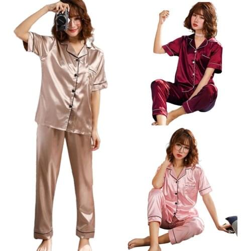 Women Imitation Silk home Service Pajamas Collar Button up Short Sleeve Blouse Pants Loungewear Long Sleeve Pajama Set Female