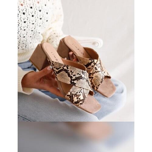 Limoya Women Coffee Snake Looking Ten Heels Pointed Heels Cross Slippers 'Turkish' Quality 2021 Fashion Design Season Comfort