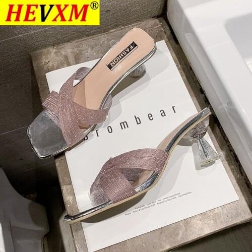 Summer New Women 7cm High heel Slippers Mules Square heels Sexy Open-Toed Shoes Party High Heel 2021 shoes Yellow Sky blue White
