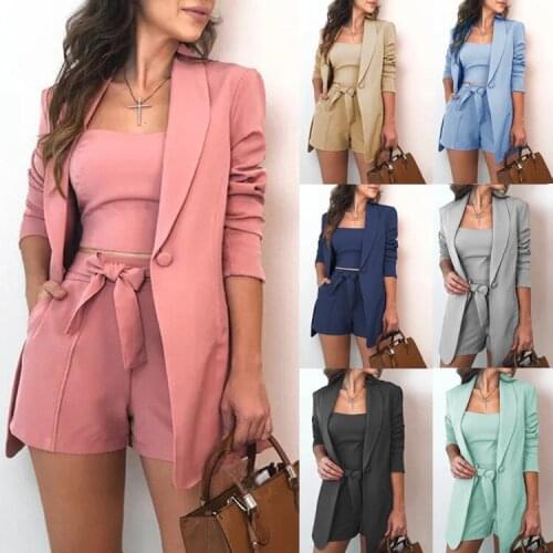 2021 spring and summer solid color vest suit jacket fashion temperament high waist shorts three-piece womens suit
