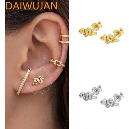DAIWUJAN Delicate 925 Sterling Silver Small Tiny Animal Stud Earrings Girl Lovely Zircon Snake Piercing Ear Bone Women Jewelry