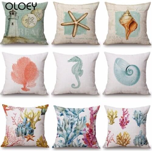 1PC 45x45cm Coral Sea Horse Shell Cushion Covers Sandy Beach Marine Life Beige Pillow Cases Bedroom Sofa Decoration