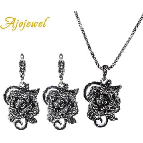 Ajojewel Delicate Black CZ Rose Flower Jewelry Sets Women Earrings Necklace Set Vintage Jewelry Wedding Party Birthday Gift