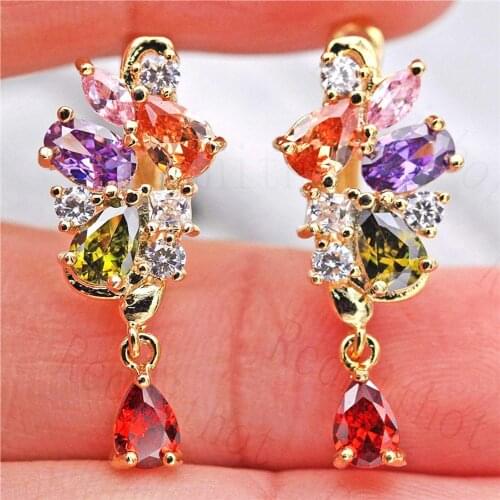 Luxury Bohemian Earrings for Women Gold Filled Copper Drop Earring with Red Pink Rainbow Waterdrop Zircons Boho Wedding Jewelry