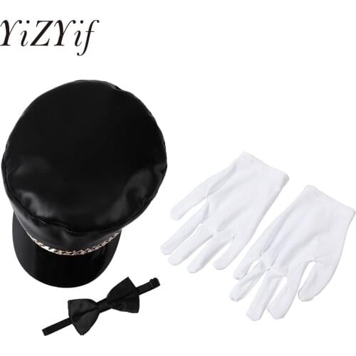 Black PU Leather Chauffeur Hat Limo Driver Costume Flat Top Cap with Gloves and Bow Tie for Men and Women Daily Wear Dress Up