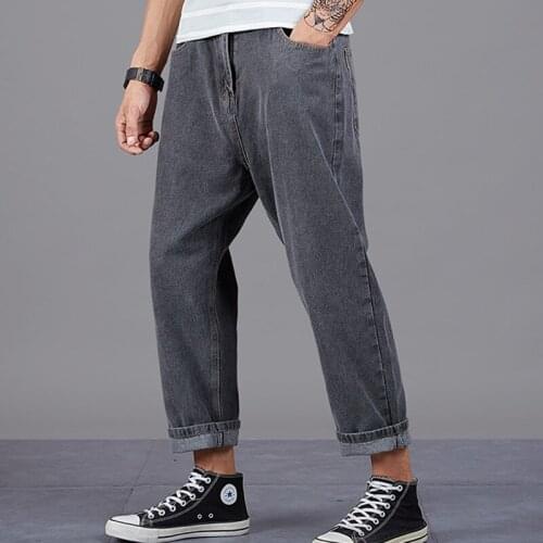 Large size 28-48 mens casual cropped jeans denim loose harem straight leg pants wide leg cotton casual man jeans