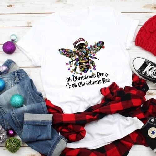 Oh Christmas Bee Colored Print T-shirt Trendy Women Graphic Holiday Gift Tshirt Winter Short Sleeve Xmas Tee Top