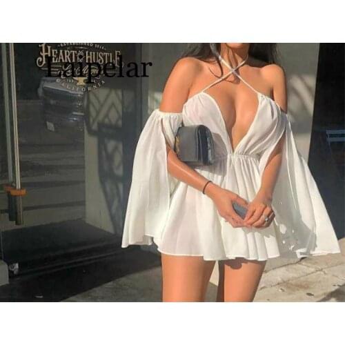 Laipelar 2019 Chiffon Casual summer Dress Women Strapless Off Shoulder Sexy Dress Deep V Neck Slash Neck Club elegant Mini Dress