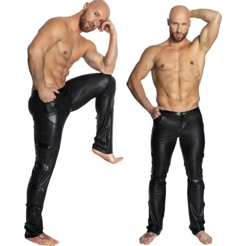 S-2XL Black Shiny PU Leather Pants Men Elastic Slim Fit Trousers Male Casual Motorcycle Faux Leather Jogger Pants