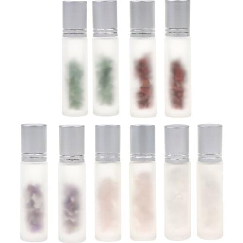 Set of 2 Frosted Glass Bottle Vials For Essential Oil Perfume Aromatherapy, 10ml, with Gemstone Roller Balls, Pretty