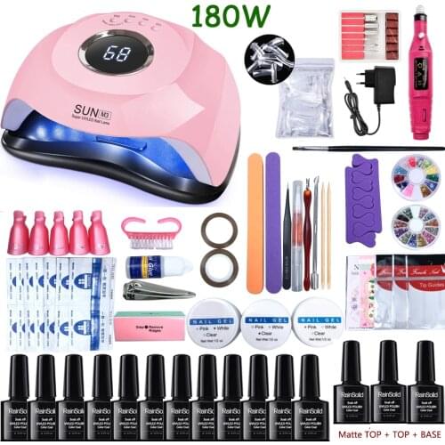 Complete Gel Nail kit Manicure Set With 180W UV LED Lamp Nail Set 12 pcs Nail Gel Polish Electric Nail Drill Machine Salon Tool
