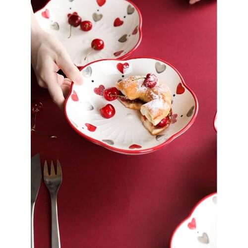 8 inch creative irregular home kitchen use ceramic dessert dinner plates sweet heart under glazed red inlay fruits cake plate