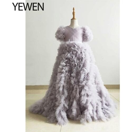 New V Neck Girls Party Dress First Communion Dresses Flower Girl Dresses for Weddings Princess Photo Shooting Gowns YEWEN