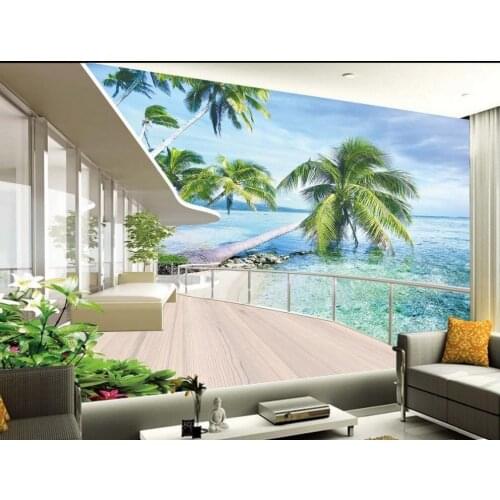 Europe style Beach balcony 3d room wallpaper landscape stereoscopic 3d wallpaper Home Decoration