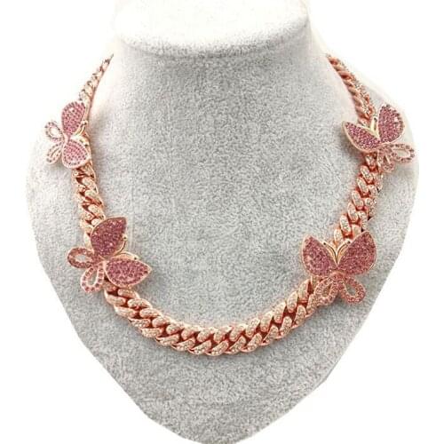 Wholesale Pink Cuban Link Rhinestone Butterfly Choker Necklace Butterfly Chokers Necklaces for Women