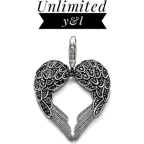 Feather Heart Charm Pendants with Lobster Clasp Black Ziconia Silver Fashion Wing Jewelry Fit Chain Necklace Women Men