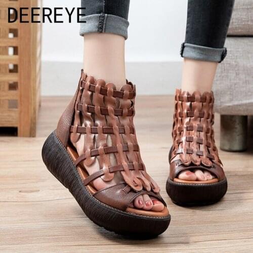 Summer Retro Roman Cross Straps Cowskin Casual Sponge Cake Platform Shoes Woman Back Zipper Soft Comfortable High Heel Sandals