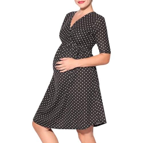 TELOTUNY Womens Maternity Dress Long Sleeve Polka Dot Pregnant Dress Autumn Baby Shower Maternity Dresses Pregnant Woman Clothes
