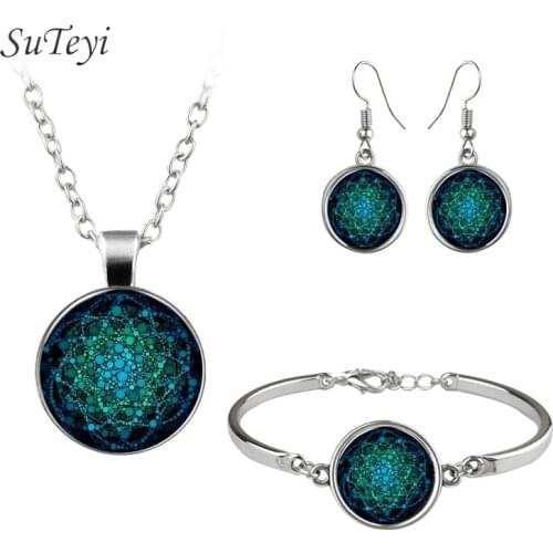 SUTEYI Vintage Women Jewelry sets Buddhist Mandala Geometric Picture Glass Dome Necklaces Bracelets Earrings Jewellery