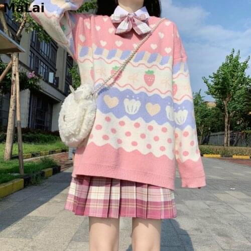 Japanese Kawaii Knitting Sweater Women New Autumn Winter Cute Strawberry Printing Long Sleeve Pullover Vintage Pink Knitting Top