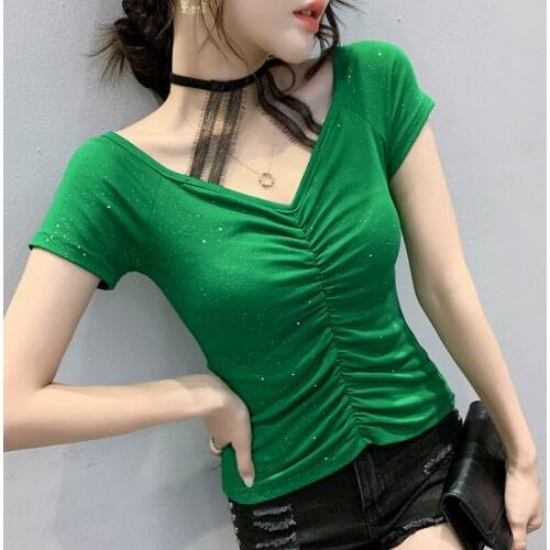 2021summer Casual Solid color T-shirt Fashion Lace stitching Short sleeve V-neck Folds Top Women T Shirt Plus Size M-3XL