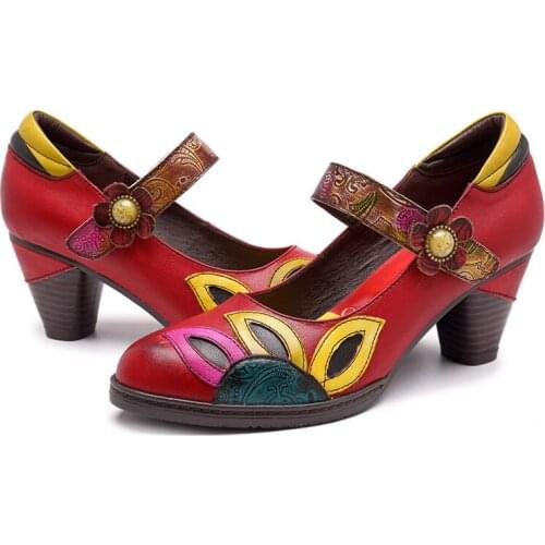 Women Genuine Leather Pump Woman Spring Autumn Shoes With Heel Flower Slip On Retro 2019 New Fashion Free Shipping