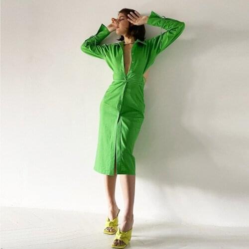 Fall 2021 New Green Temperament Midriff Outfit Hollow Design Shirt Dress Long Sleeve Mid-Length Dress Bow Dress Party Dress