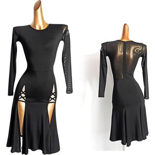 Long-Sleeved Latin Dance Dress For Women Sexy Latin Practice Dress Slim Mesh Dance Skirt Latin Dance Performance Dress DN8448