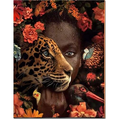 African woman flower tiger animal 5d home decoration diamond painting full drill diamond embroidery diamond art cross stitch